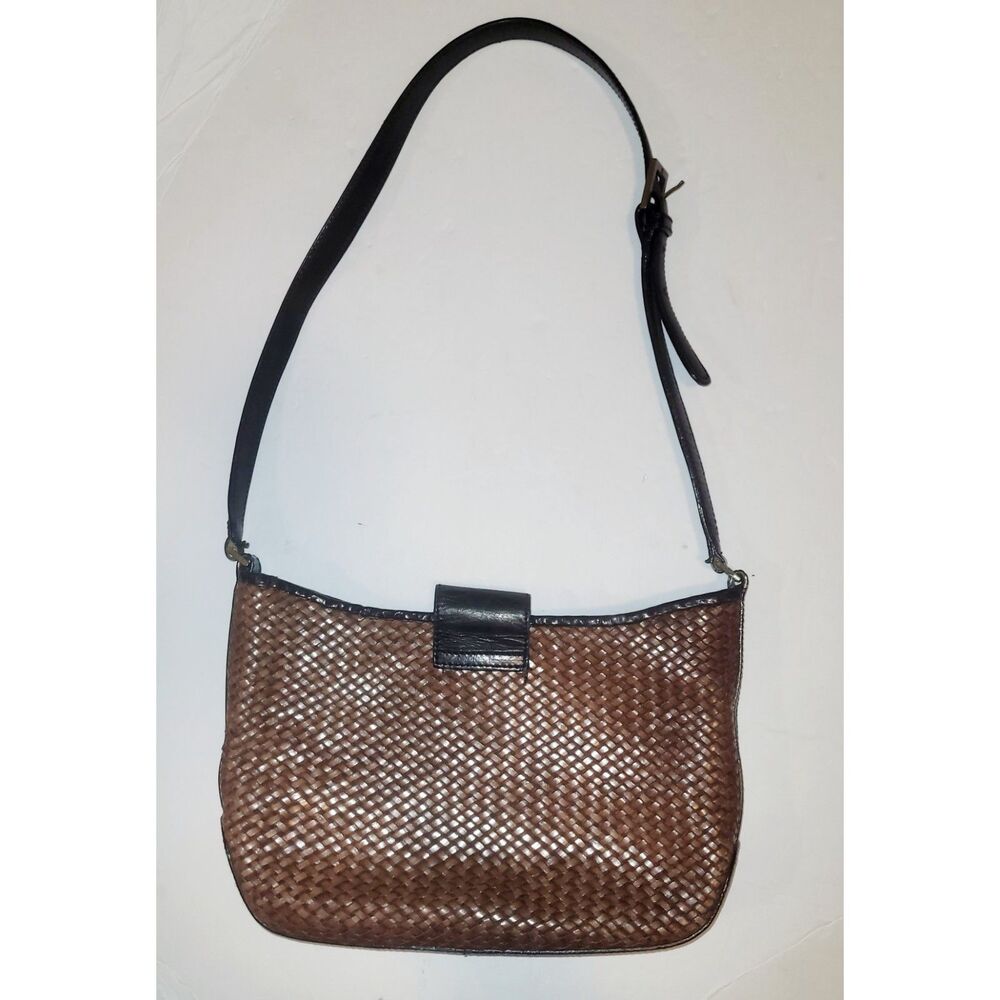 Talbots Brown Black Woven Leather Shoulder Bag Handbag 12" x 7.25"